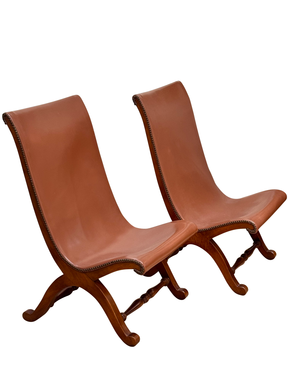 Pair of mid-century Spanish Leather and Walnut Low Lounge Savanarola Chairs