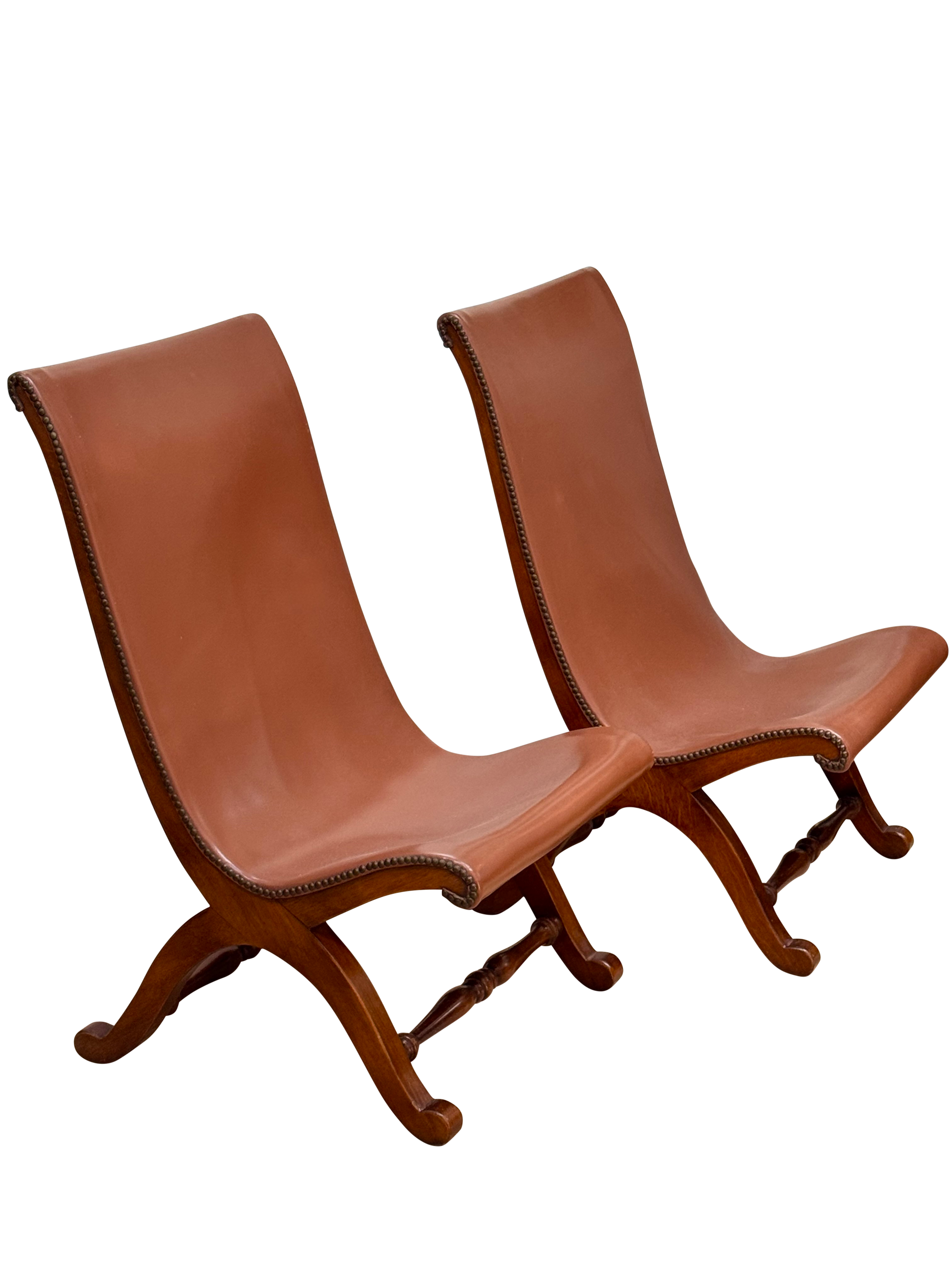 Pair of mid-century Spanish Leather and Walnut Low Lounge Savanarola Chairs