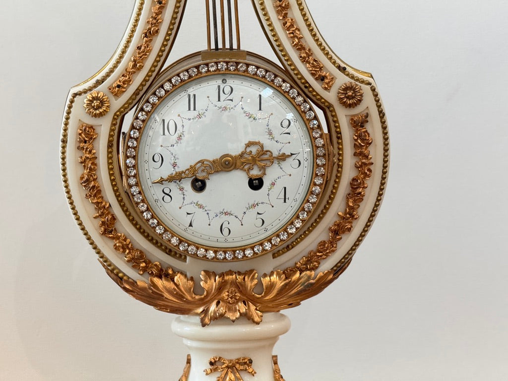 Jeweled Lyre Marble Mantel Clock, France, late 19th century