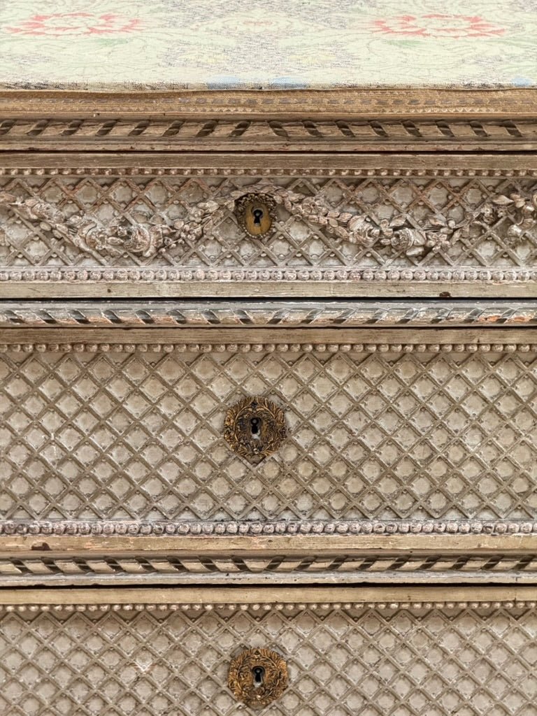 19th Century Louis XVI style Carved and painted French Commode - Helen Storey Antiques