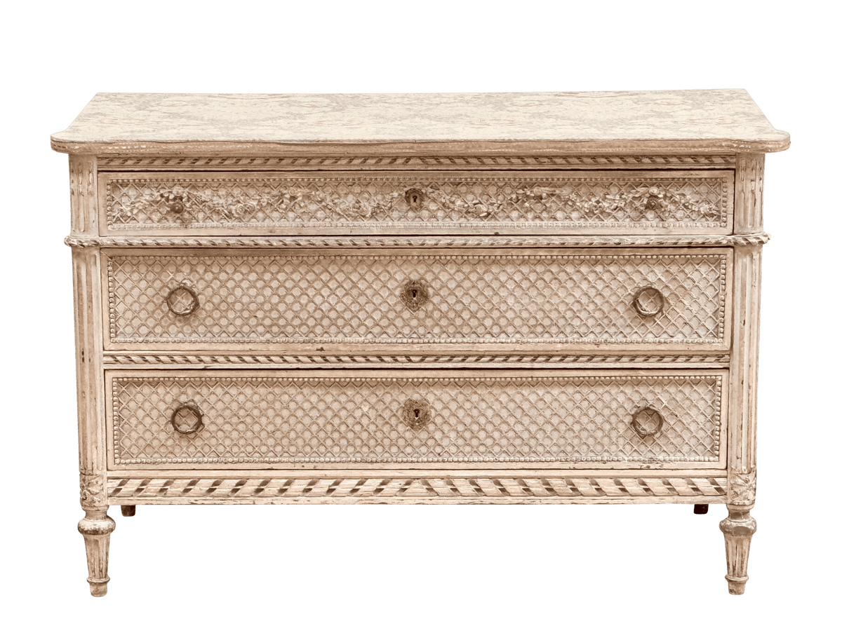 19th Century Louis XVI style Carved and painted French Commode - Helen Storey Antiques