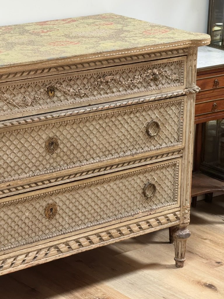 19th Century Louis XVI style Carved and painted French Commode - Helen Storey Antiques