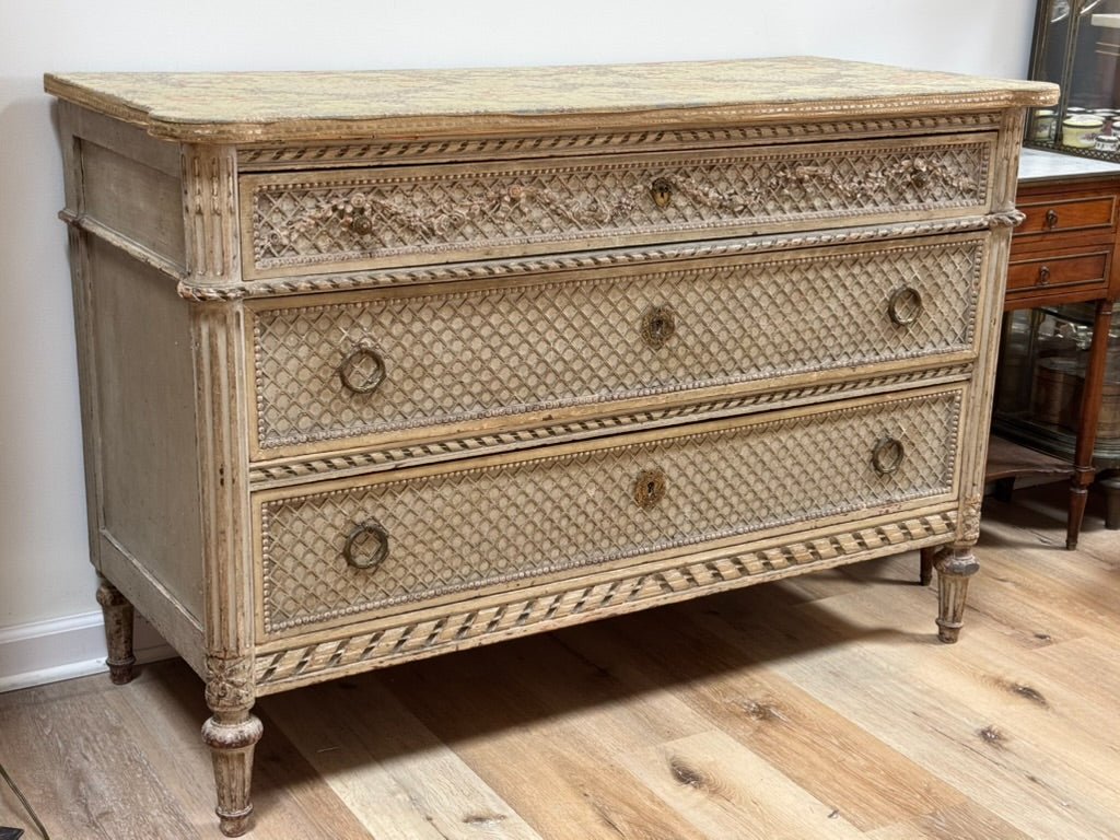 19th Century Louis XVI style Carved and painted French Commode - Helen Storey Antiques