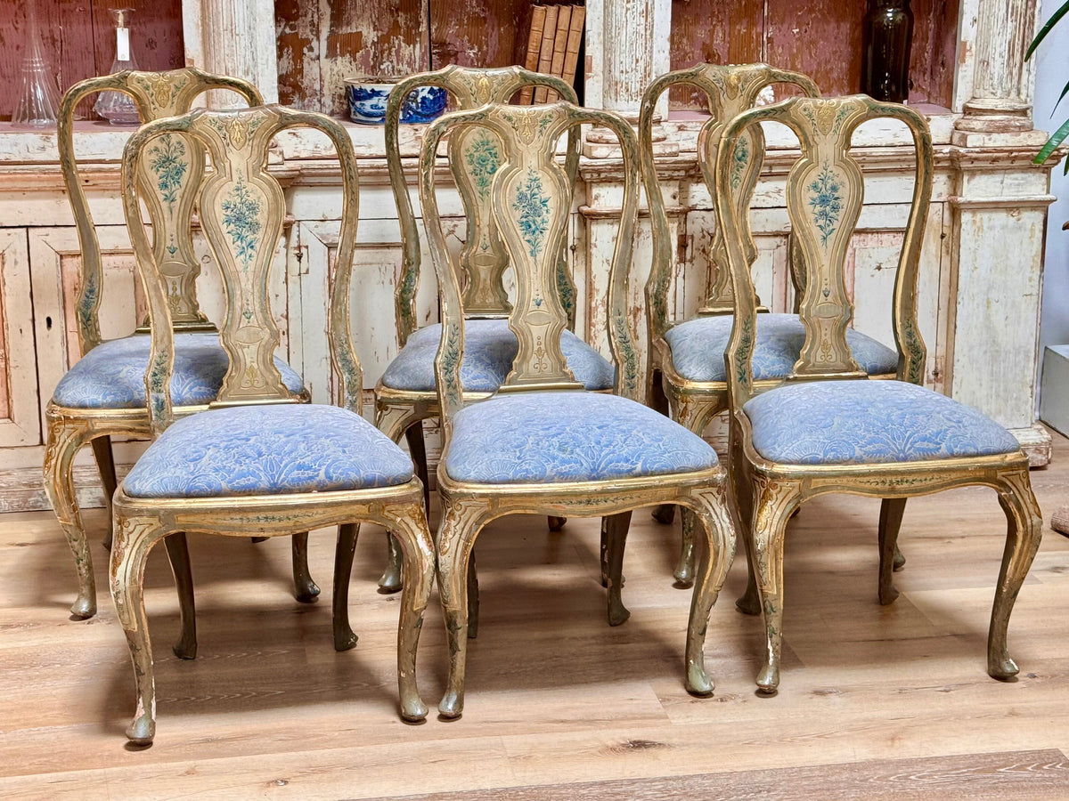 Set of Six Italian Lacquered Rococo Dining Chairs, 18th Century