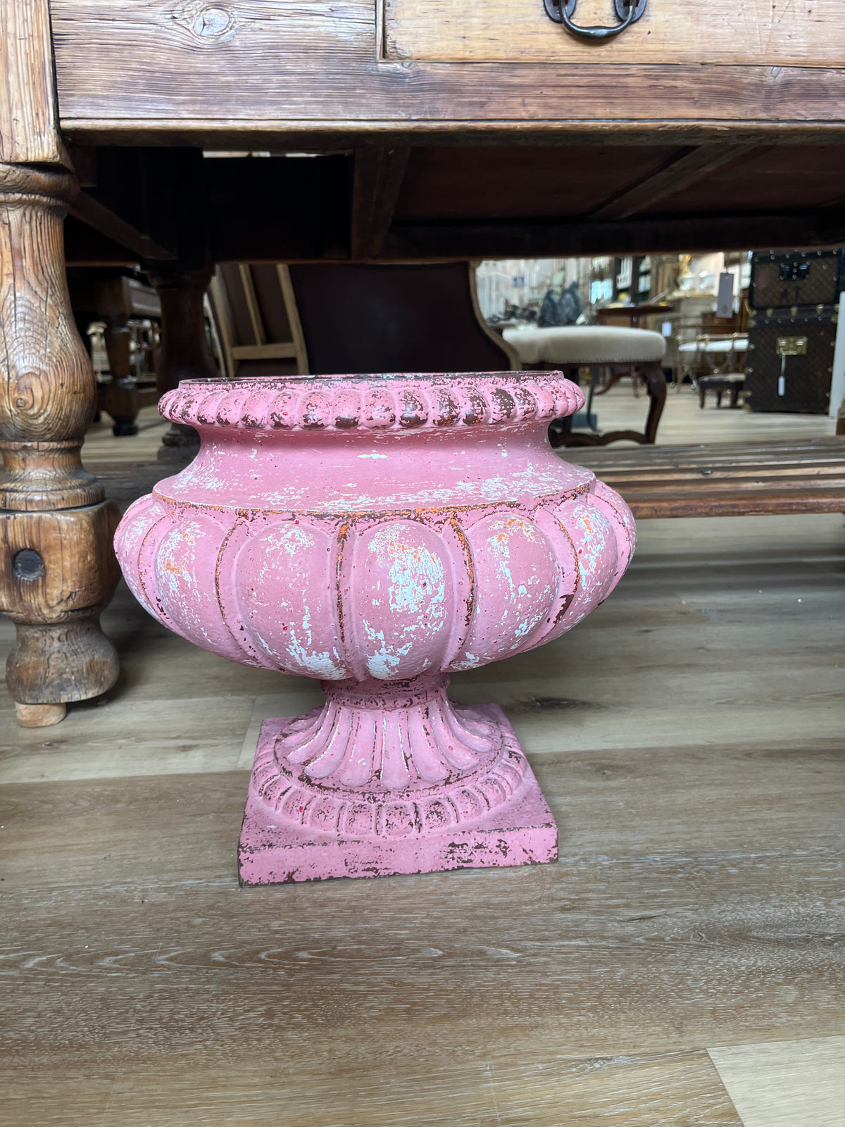 Pair of French Pink iron garden urns,