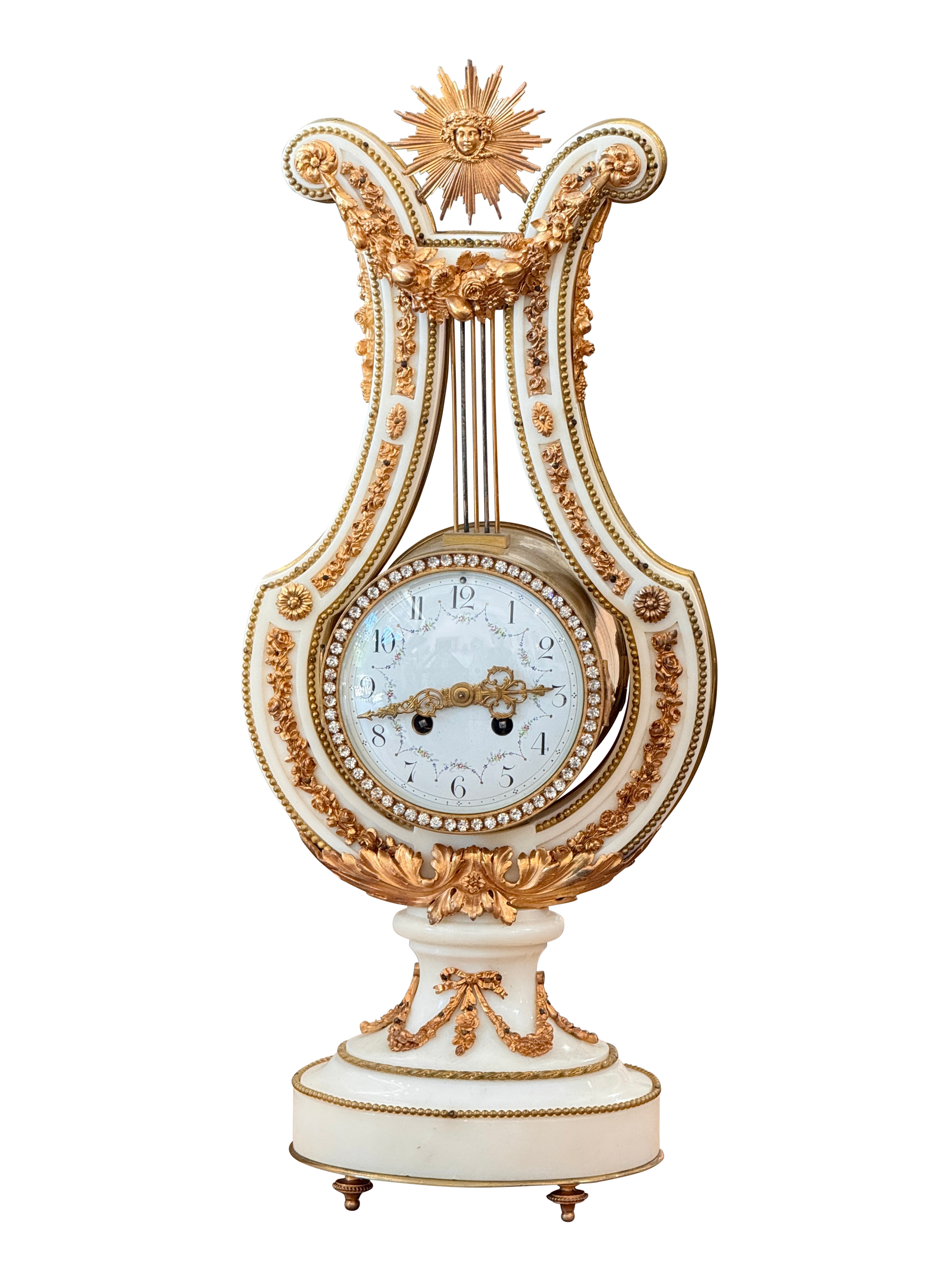 Jeweled Lyre Marble Mantel Clock, France, late 19th century