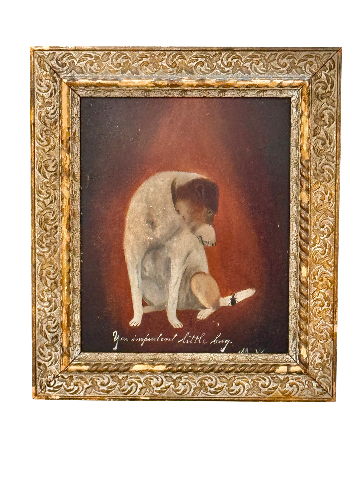 Oil on board, a little dog and a bug,19th Century