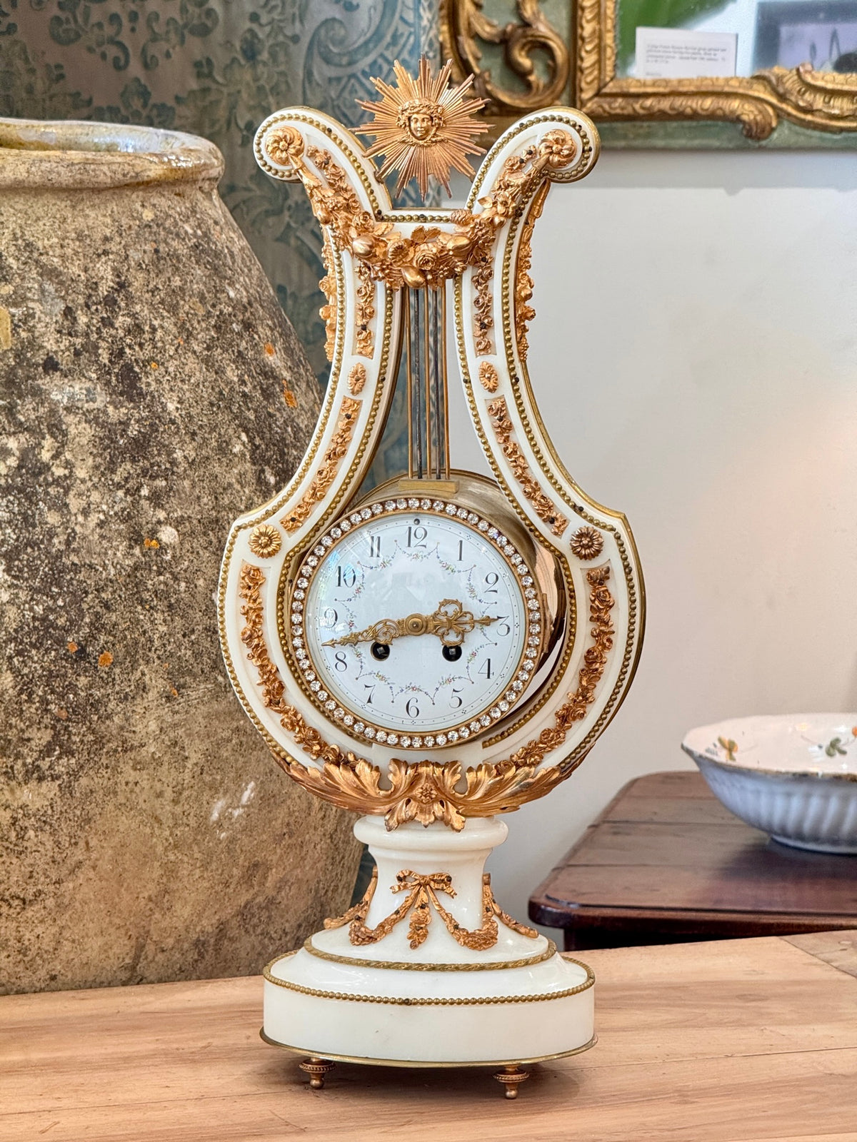 Jeweled Lyre Marble Mantel Clock, France, late 19th century