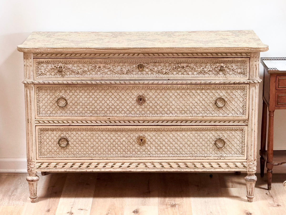 19th Century Louis XVI style Carved and painted French Commode