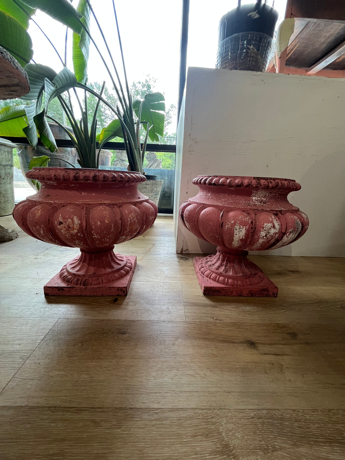 Pair of French Pink iron garden urns,