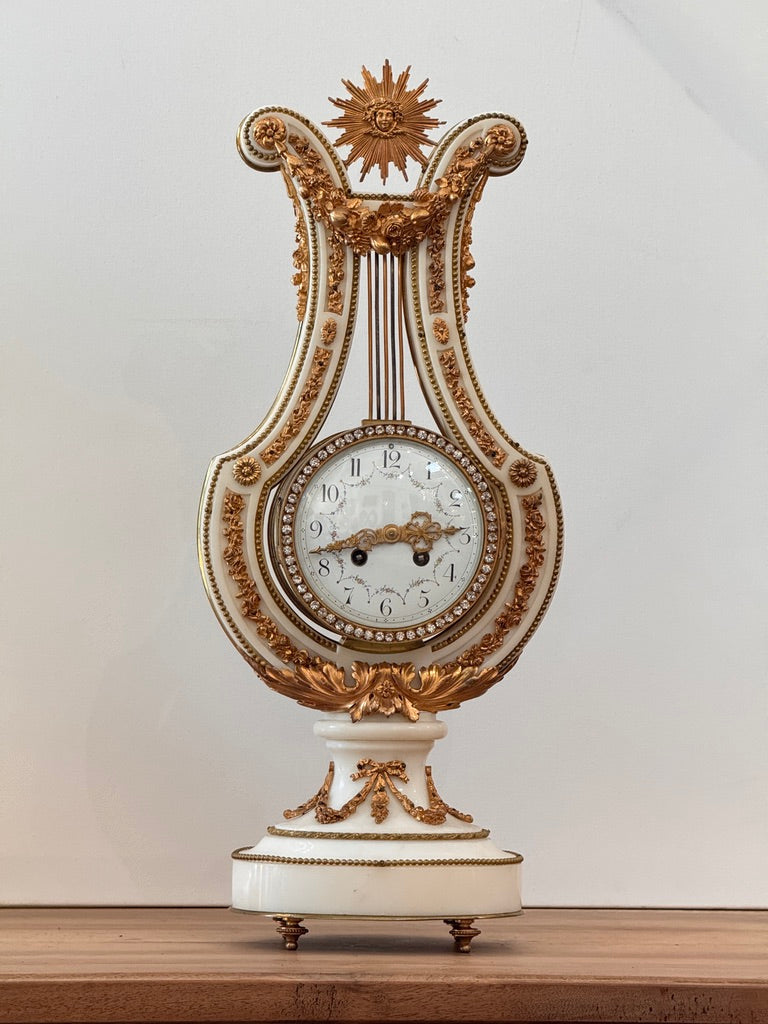 Jeweled Lyre Marble Mantel Clock, France, late 19th century