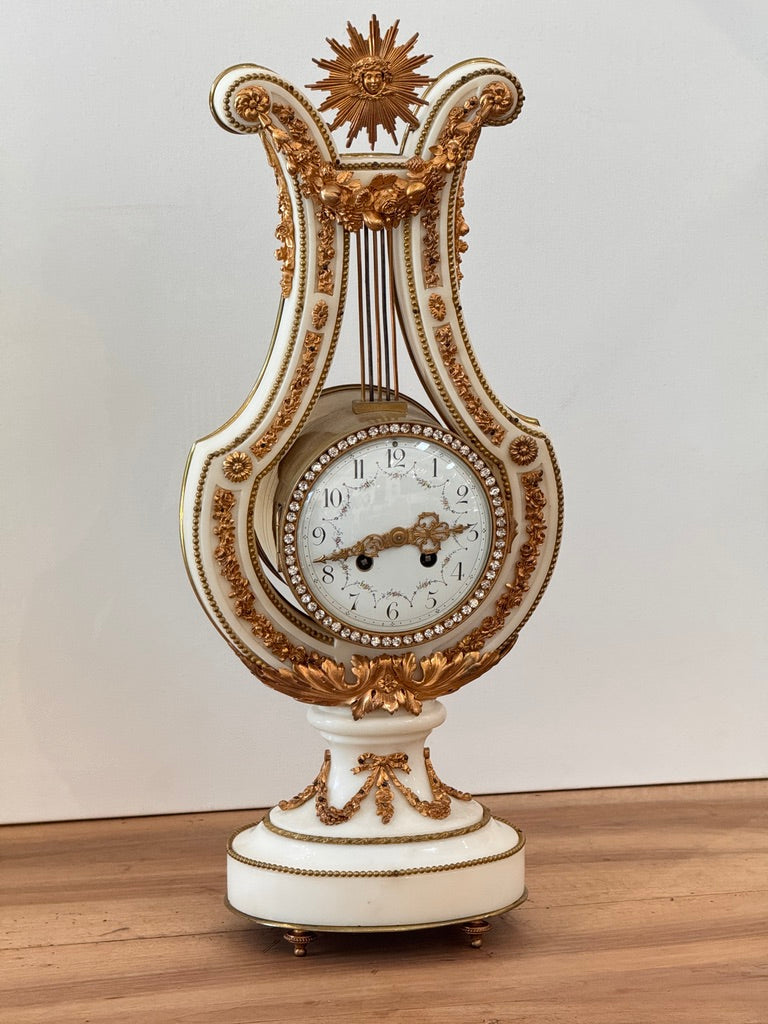 Jeweled Lyre Marble Mantel Clock, France, late 19th century