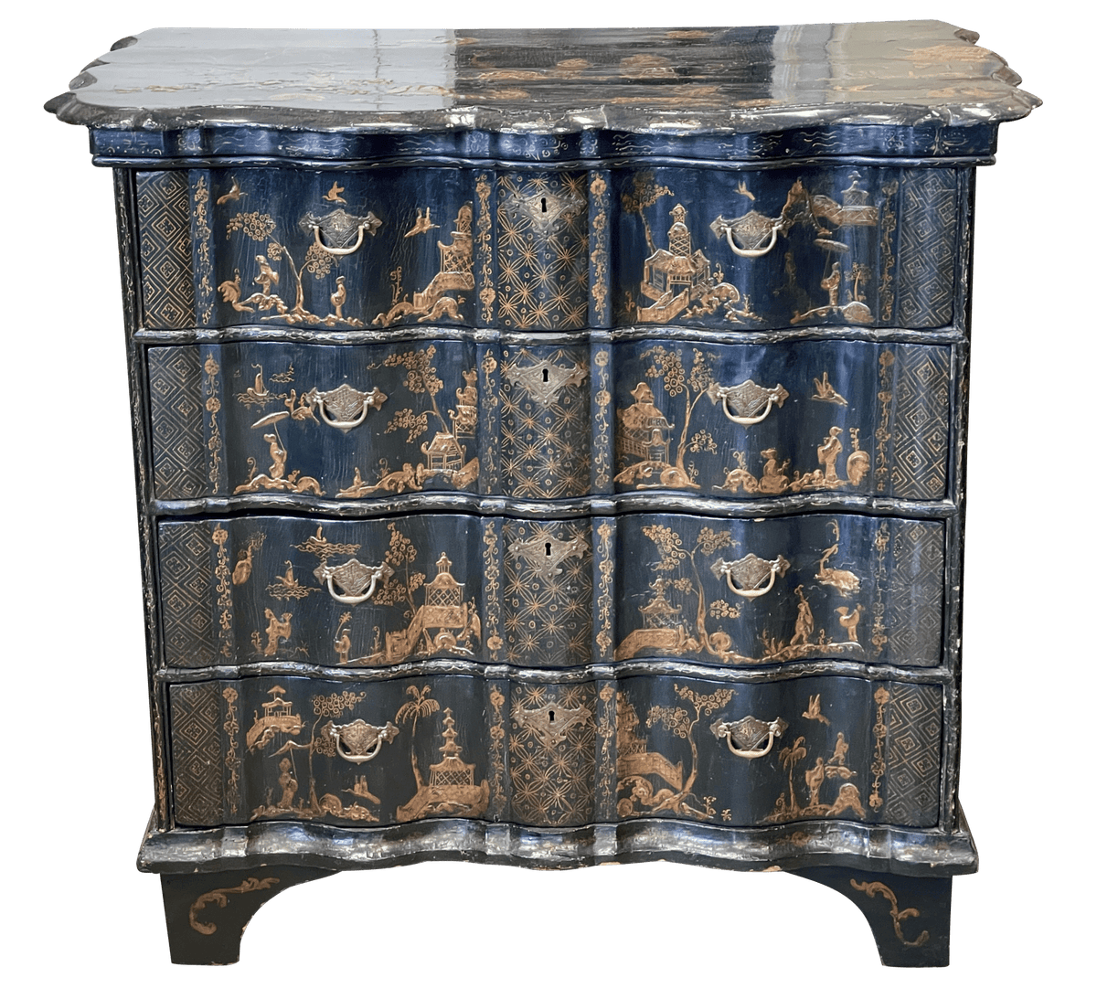 A Dutch Rococo Brass - Mounted Gilt and Black - Japanned Chest of Drawers, Circa 1740 - Helen Storey Antiques