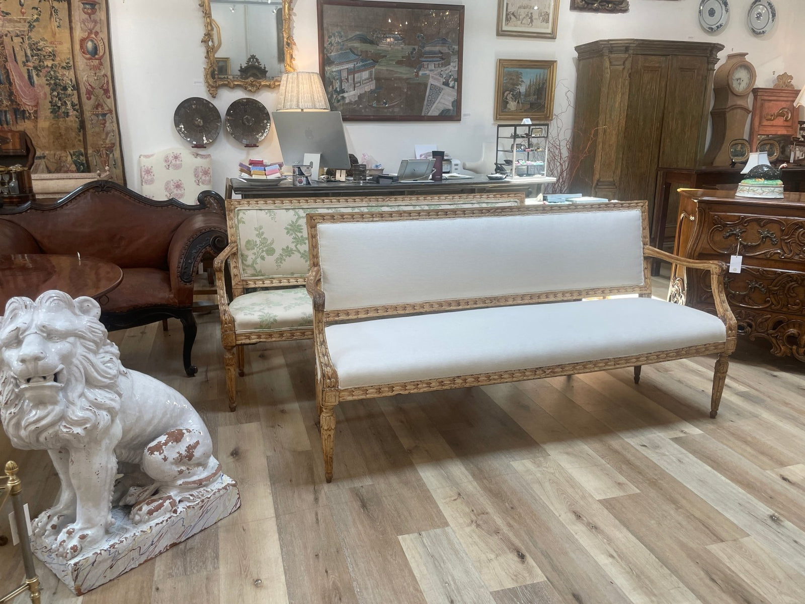 A Near Pair of Italian Neoclassical settees or benches, Late 18th Century