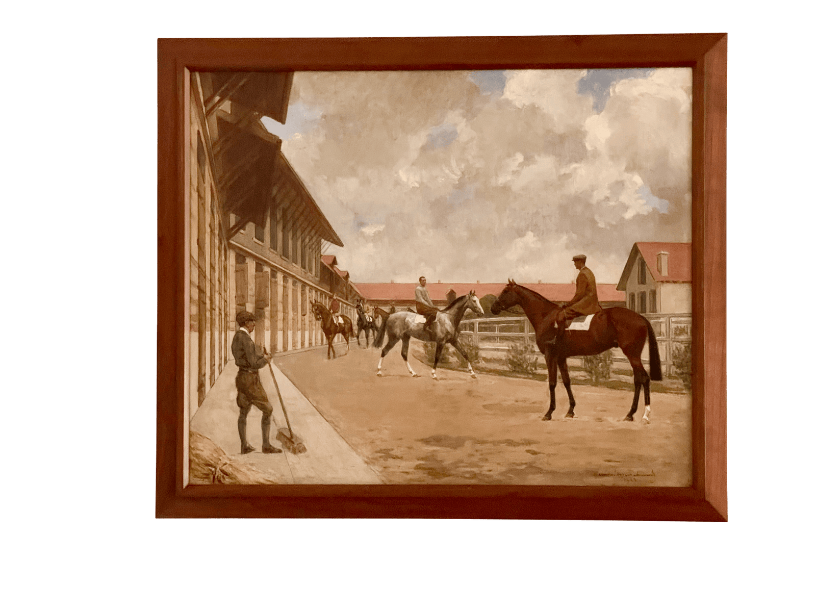 Andre Marchand (French, 1877-1951) equestrian oil on panel  "Riders in the Stables"