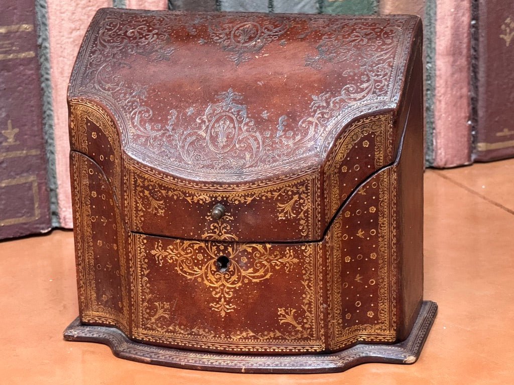 Antique English Embossed Leather Stationary Letter Box. C. 1900 - Helen Storey Antiques