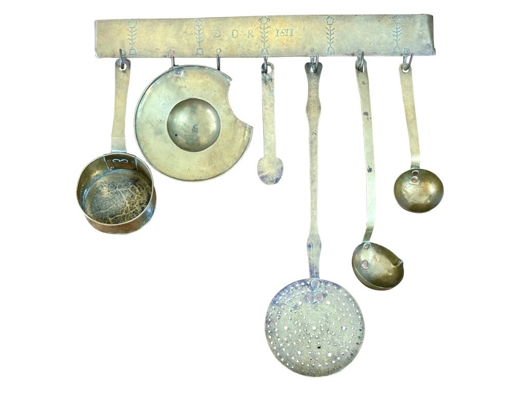 Early 19th Century Brass kitchen utensil hanger with utensils