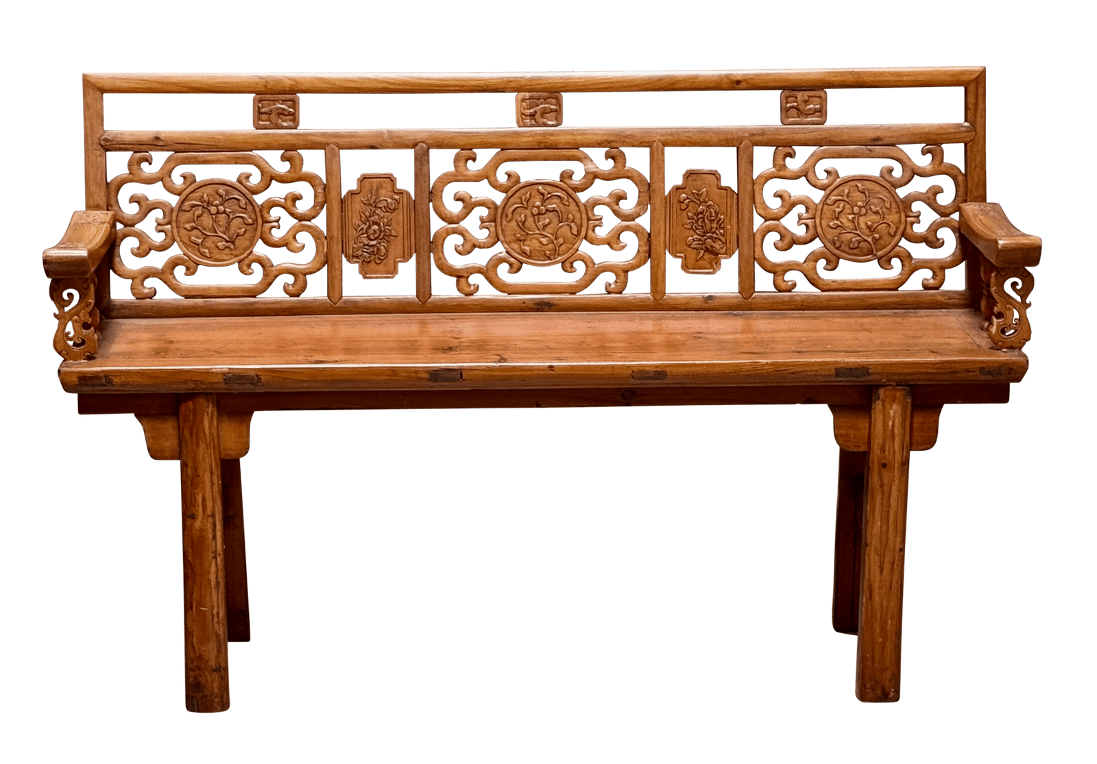 Finely carved Chinese elmwood bench, late Qing Dynasty, circa 1880