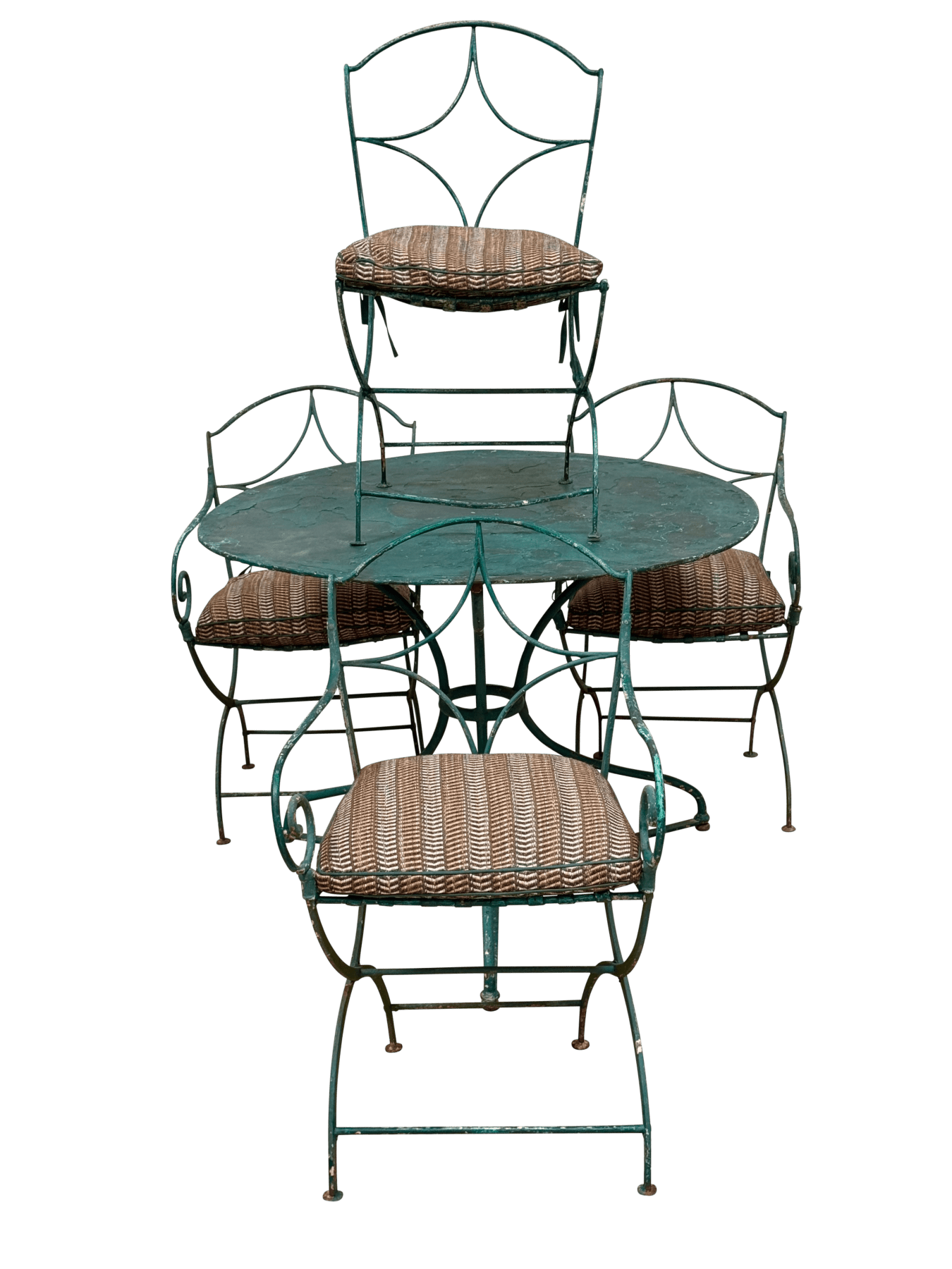 French wrought iron table and four chairs, circa 1890–1910, Provence