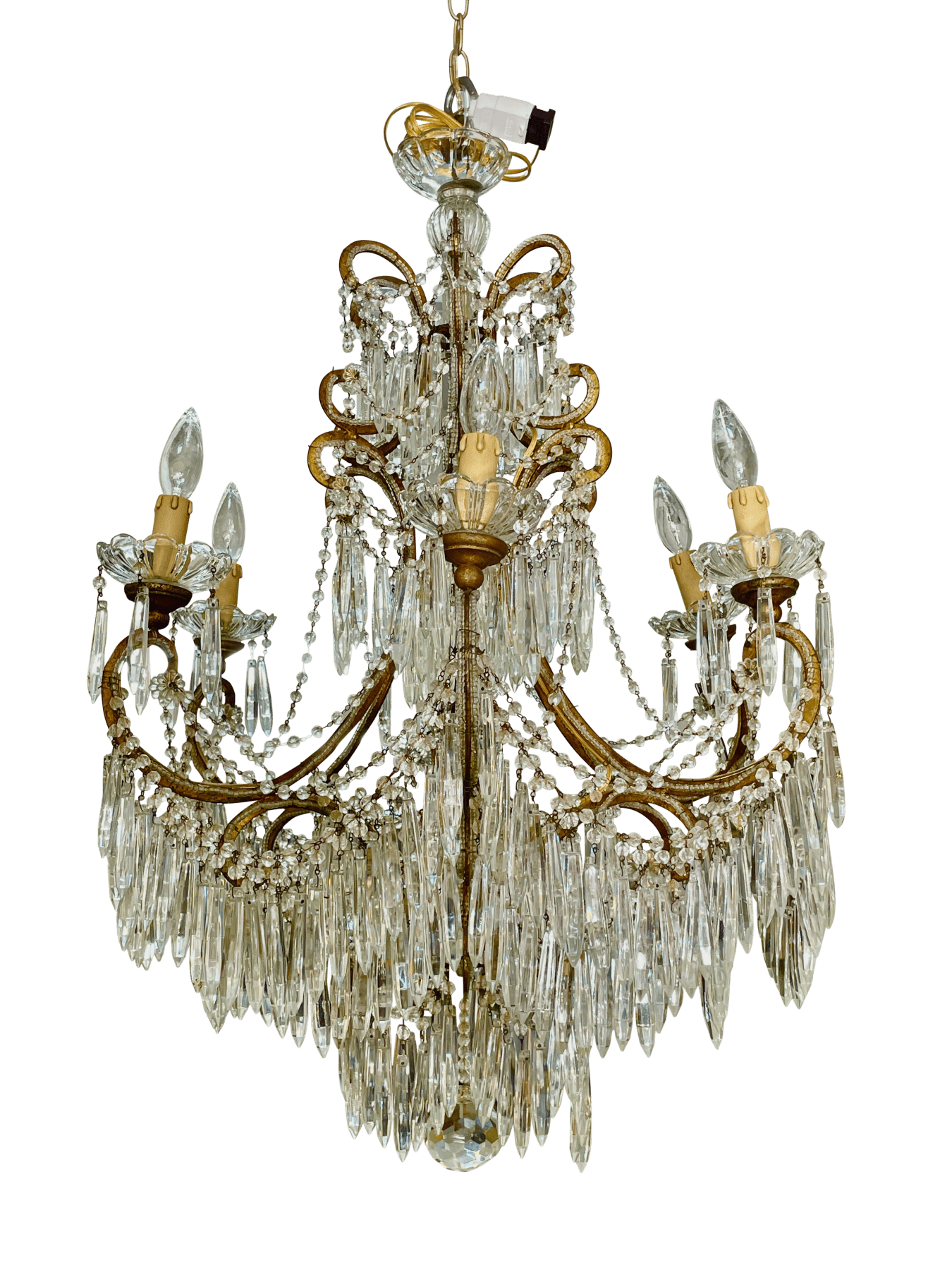 Italian Cascading crystal, beads, and gilded iron chandelier