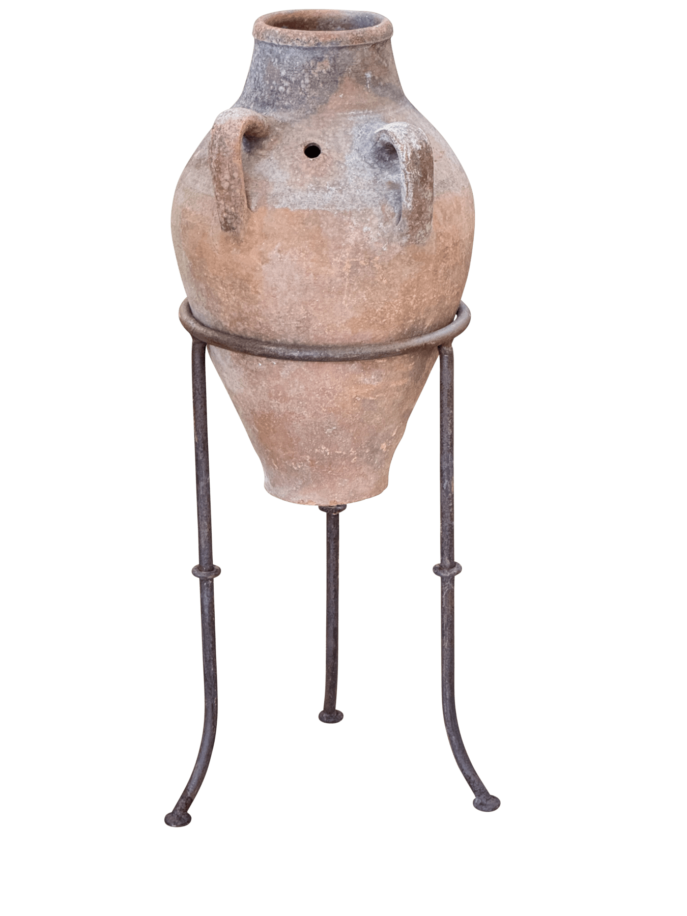 Mediterranean Hand-Thrown Terracotta Olive Jar with Iron Stand