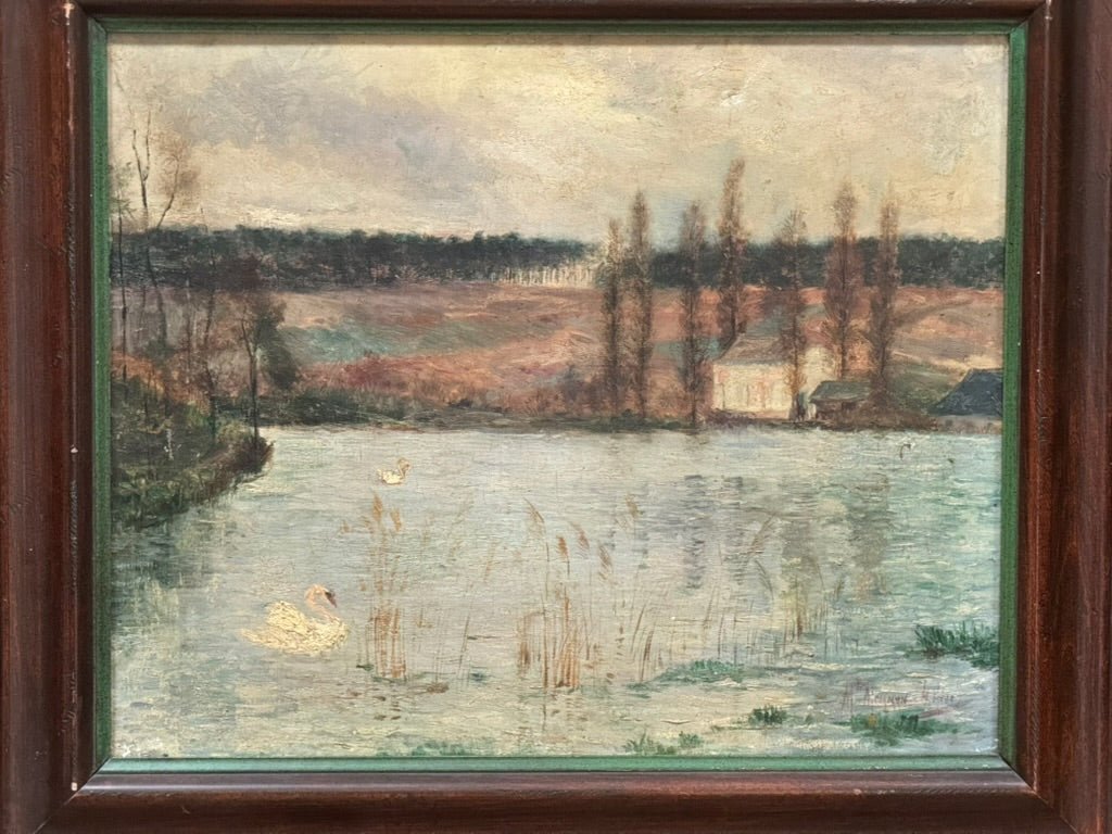 Naïve French oil - on - canvas landscape painting with swan, 19th C. - Helen Storey Antiques