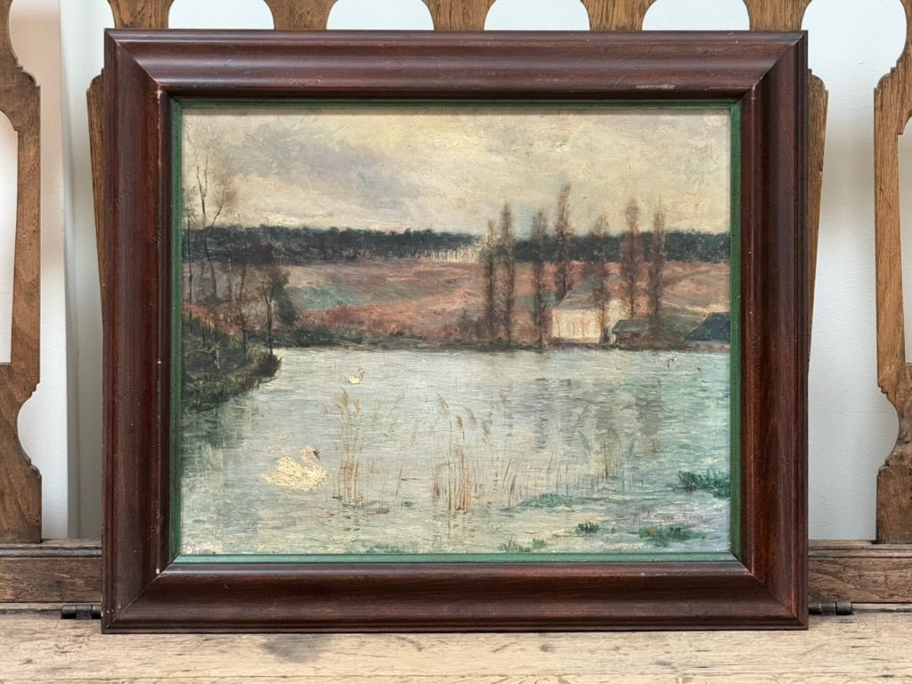Naïve French oil - on - canvas landscape painting with swan, 19th C. - Helen Storey Antiques