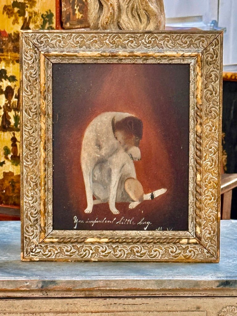 Oil on board, a little dog and a bug,19th Century - Helen Storey Antiques
