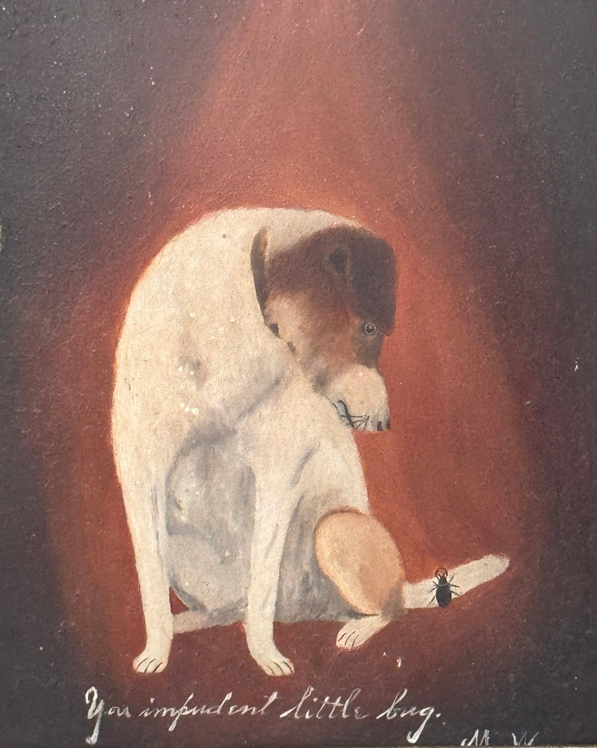 Oil on board, a little dog and a bug,19th Century - Helen Storey Antiques