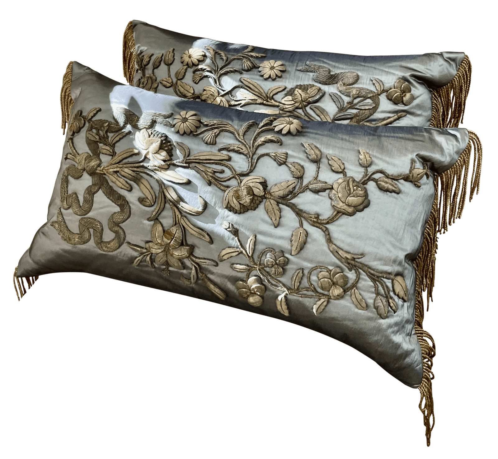 Pair of 17th Century gold Applique Blue Satin Pillows with Fringe