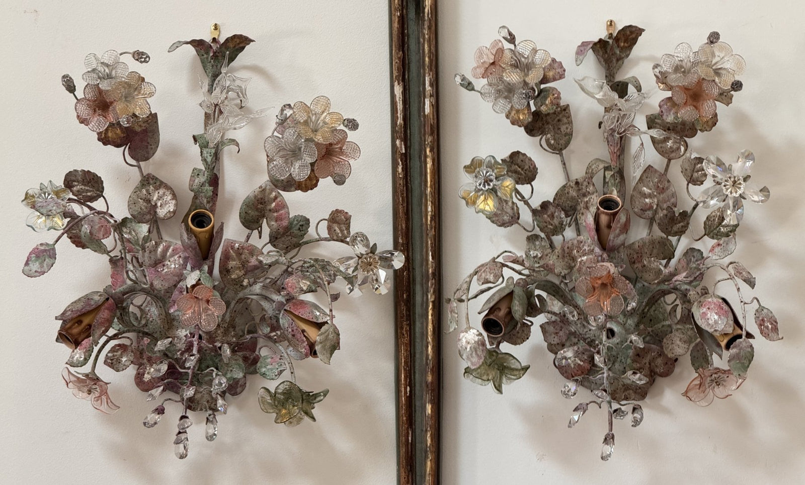 Pair of Fredrick Ramond Murano and tole floral sconces mid-century