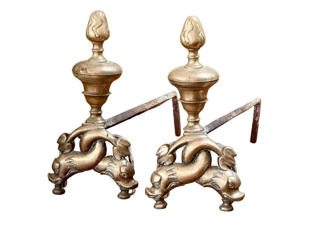 Pair of French Bronze chenets “Aux Dauphins” c. 1780, dolphin form andirons