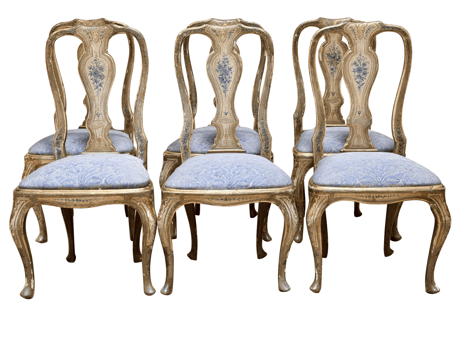 Set of Six Italian Lacquered Rococo Dining Chairs, 18th Century