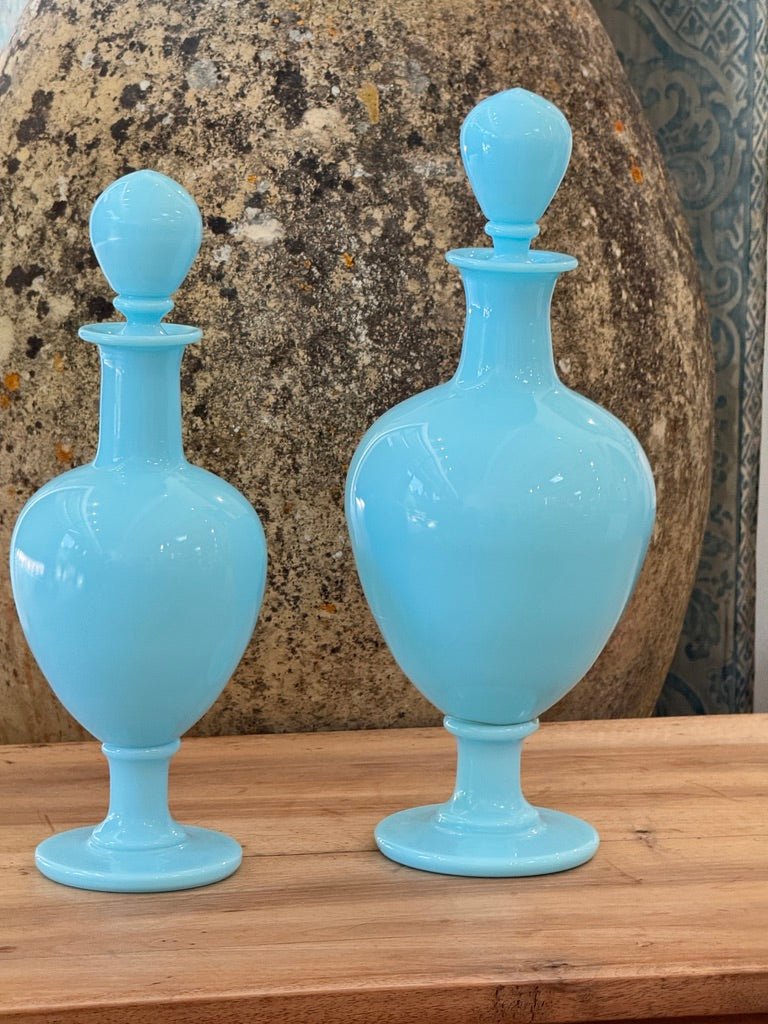 Two 19th Century French blue opaline apothecary bottles - Helen Storey Antiques