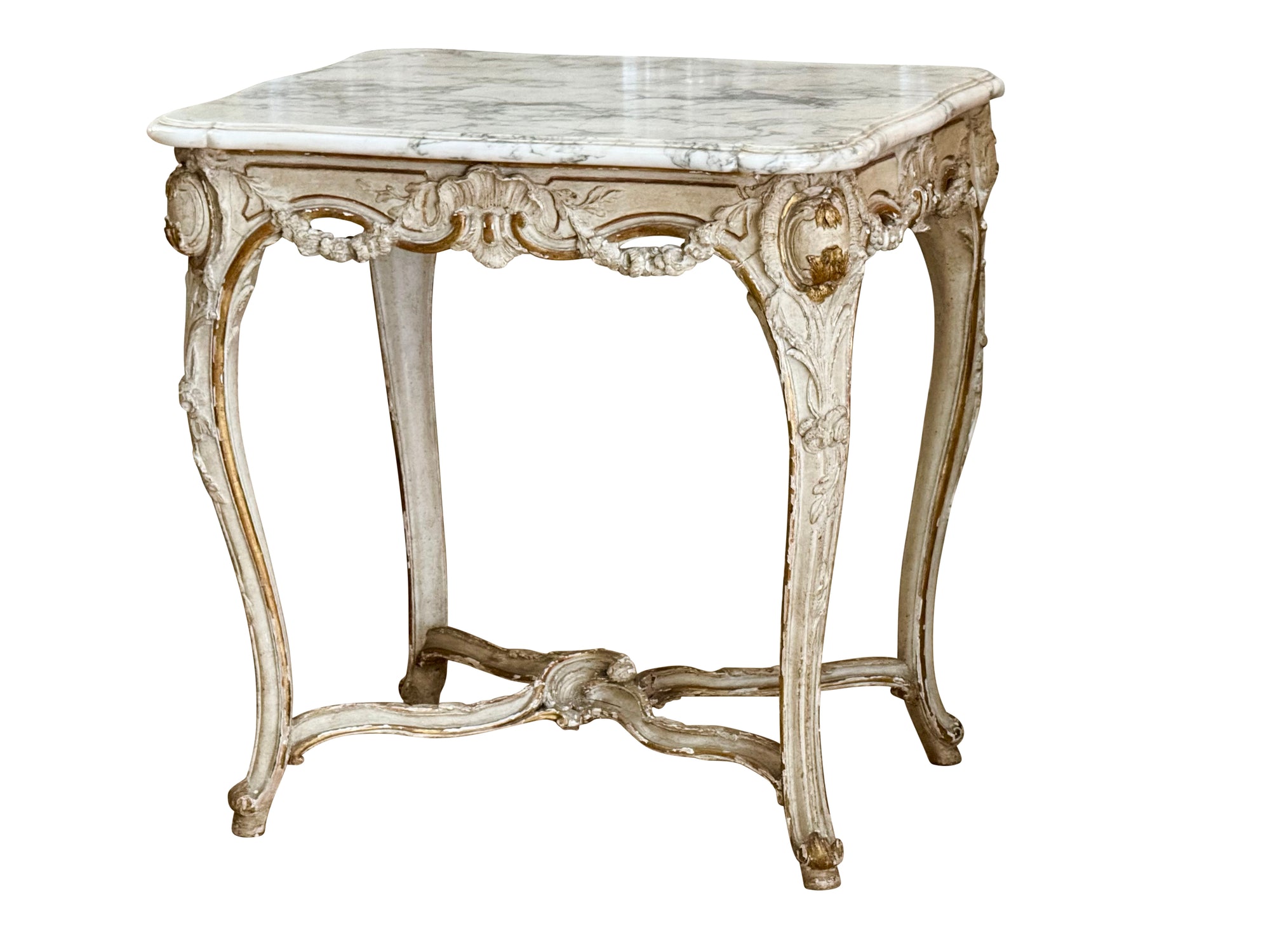 A Louis XV Carved, Parcel Gilt, and Paint Table - signed Lebas