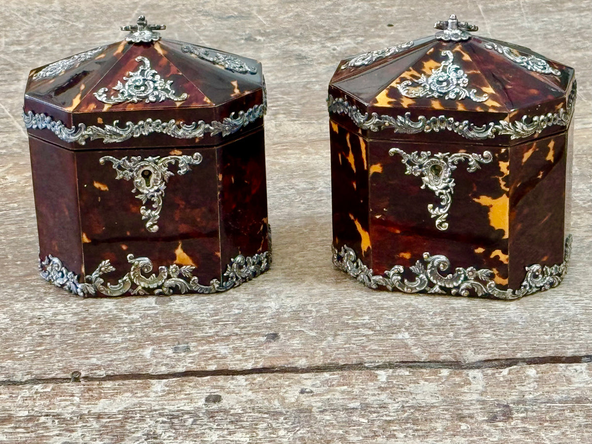 Pair of English Tortoise Shell Victorian Silver Mounted Tea Caddies c.1890