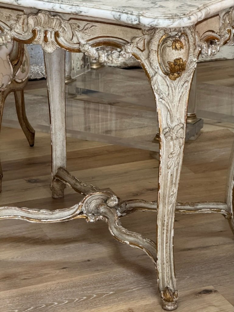 A Louis XV Carved, Parcel Gilt, and Paint Table - signed Lebas - Helen Storey Antiques