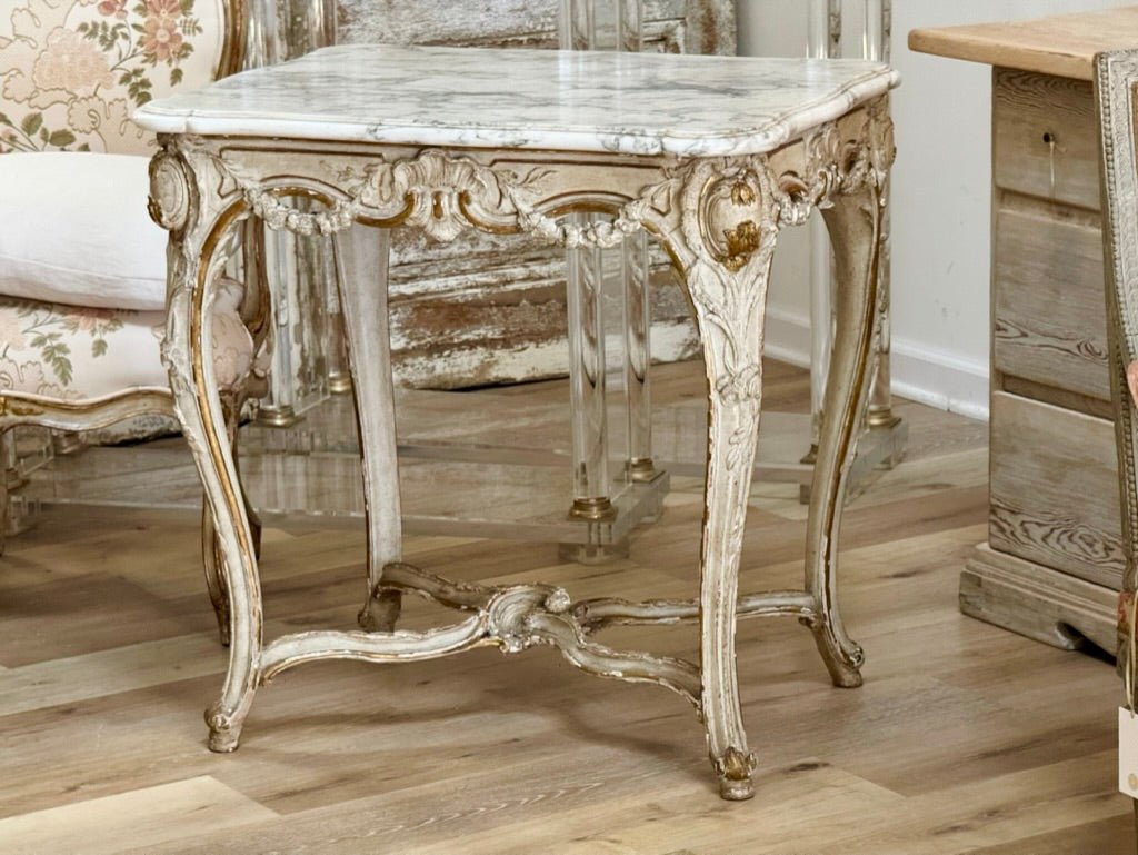 A Louis XV Carved, Parcel Gilt, and Paint Table - signed Lebas - Helen Storey Antiques