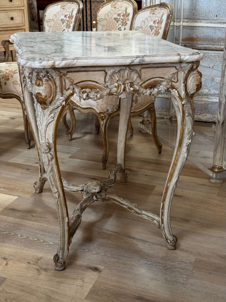 A Louis XV Carved, Parcel Gilt, and Paint Table - signed Lebas - Helen Storey Antiques