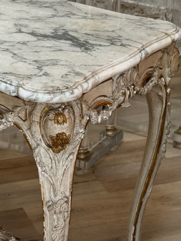 A Louis XV Carved, Parcel Gilt, and Paint Table - signed Lebas - Helen Storey Antiques