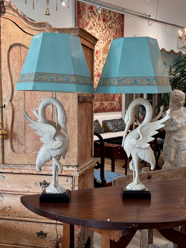 A Pair of White - Painted Carved Egret Lamps Mid - Century - Helen Storey Antiques