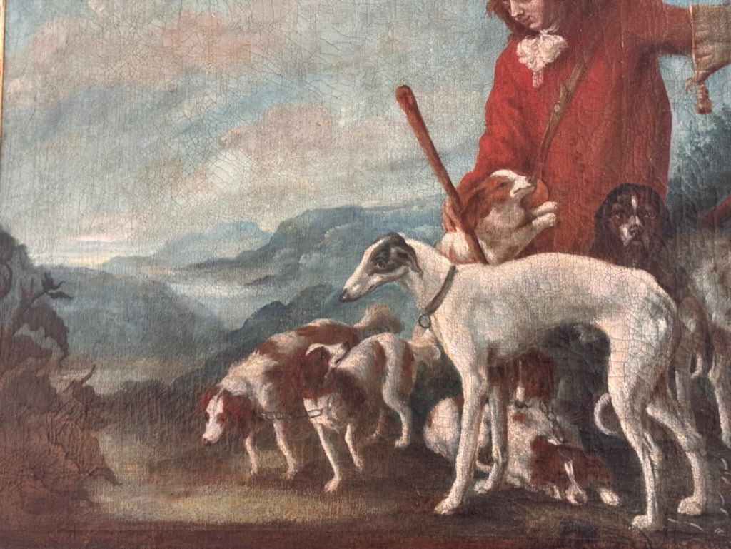 Dogs and Falconer, Flemish School, 17th Century Oil Painting - Helen Storey Antiques