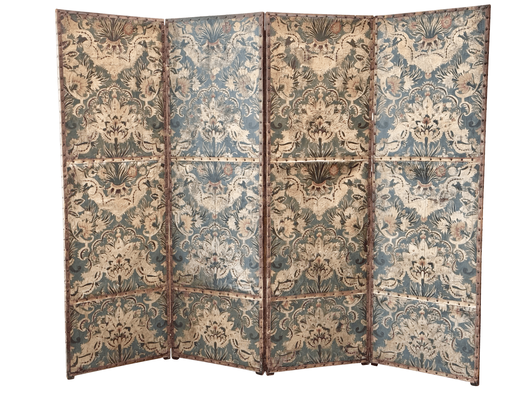 17th Century Spanish Cordovan Gilt Polychromed Leather Four Panel Screen