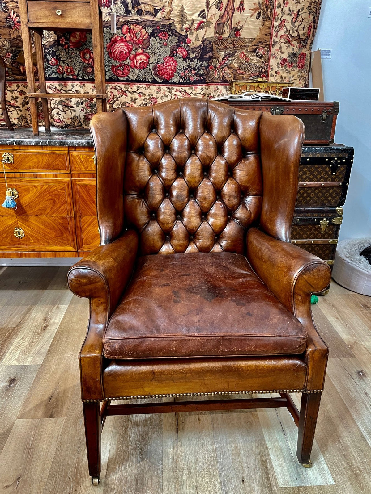 English leather tufted wingback chair, 19th Century - Helen Storey Antiques