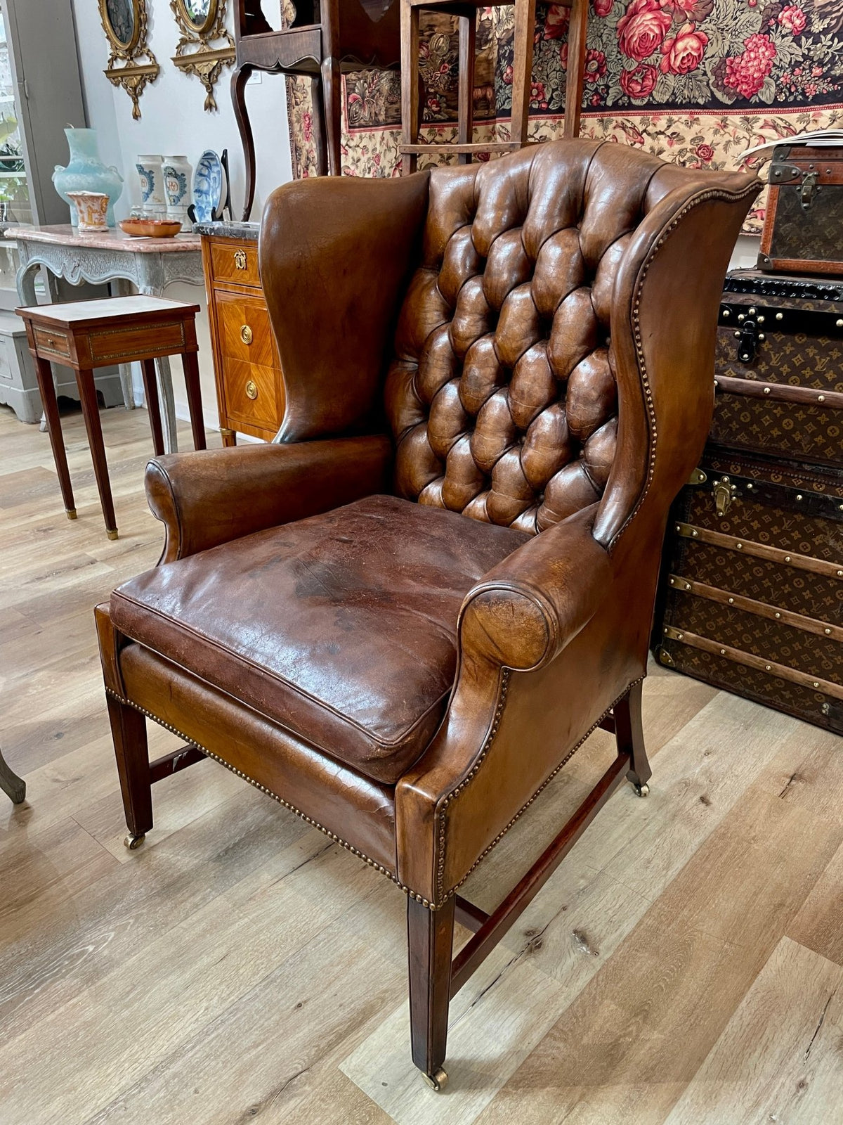 English leather tufted wingback chair, 19th Century - Helen Storey Antiques