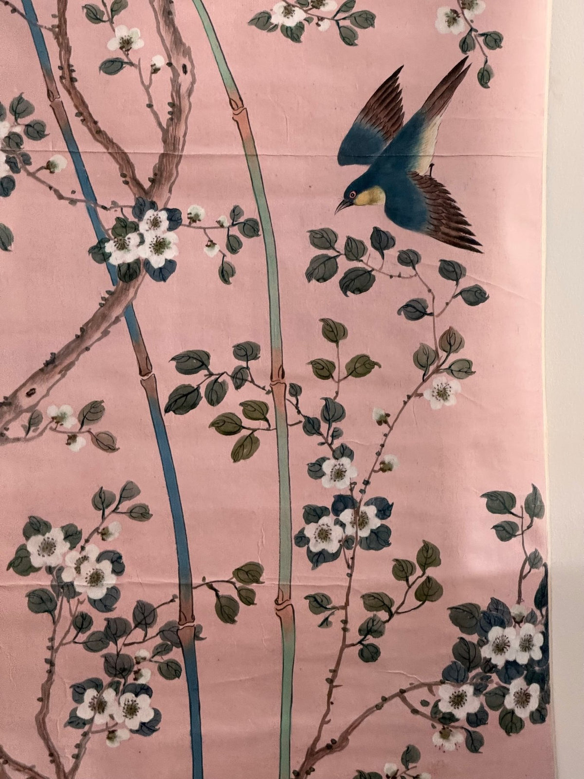 Hand - painted Chinoiserie Wallpaper Panel, Pale Pink background, Likely Gracie - Helen Storey Antiques