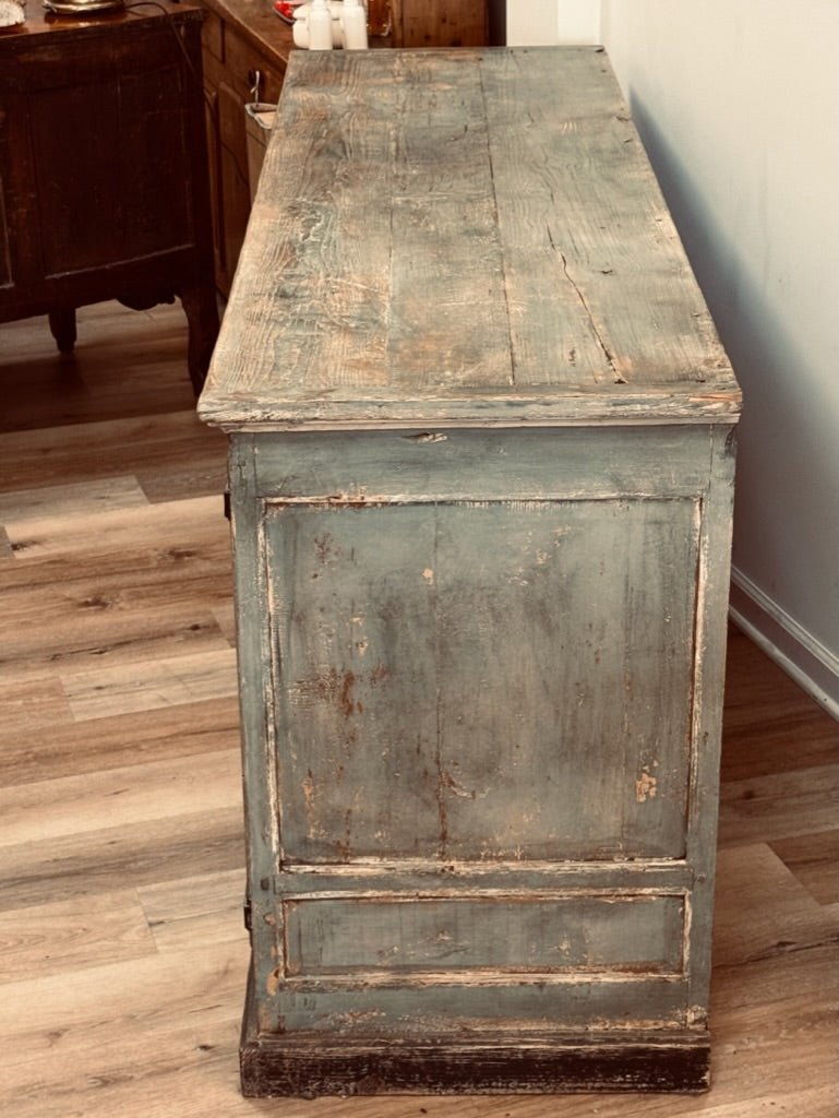 Late 18th C. blue paint enfilade or sideboard buffet, France - Helen Storey Antiques