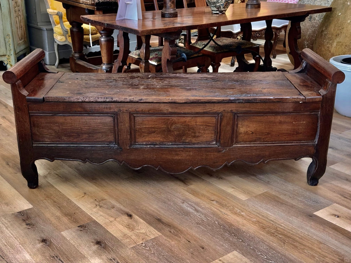 Louis XV 18th C. French Provincial Elm and Oak Lift Top Hall Bench - Helen Storey Antiques