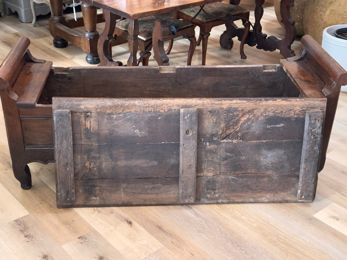 Louis XV 18th C. French Provincial Elm and Oak Lift Top Hall Bench - Helen Storey Antiques