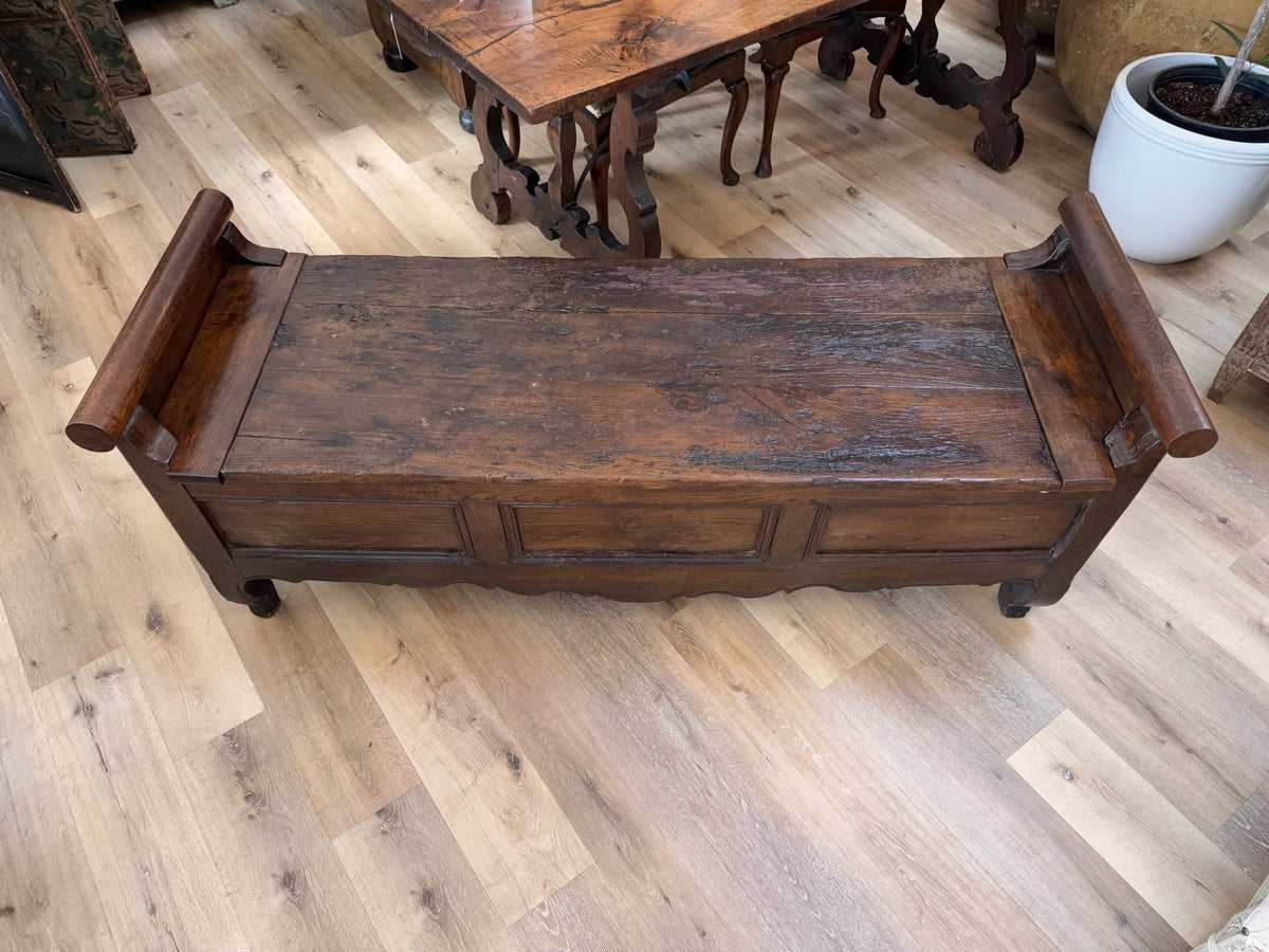 Louis XV 18th C. French Provincial Elm and Oak Lift Top Hall Bench - Helen Storey Antiques